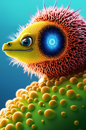 Risk of infection illustrated with a micro insect parasite under microscope - contamination, danger and micro-organism concept created with generative AI.の素材
