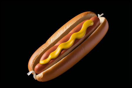 Gourmet hot dog with juicy look against dark background. Appetizing, Juicy, Realistic concept created with generative AI.の素材