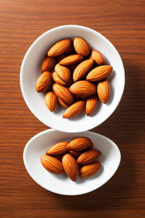 Fresh and fragrant almonds in ceramic bowl. Sweetness, cooking, ingredients concept created with generative AI.の素材