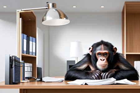 A chimp in a professional setting, multitasking with stack of papers. Concentration, multitasking, office concept created with generative AI.の素材