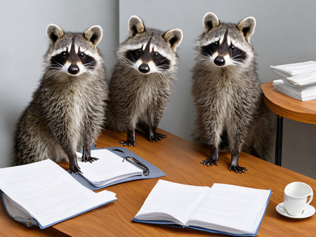 Racoons gathered around a desk and examining documents. Planning, strategy, problem solving concept created with generative AI.の素材