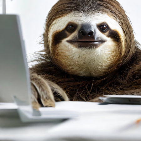 Sloth in an office environment, diligently completing paperwork. Productivity, professional life, work-life balance concept created with generative AI.の素材