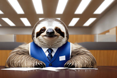 Sloth interviewing candidates in modern office. Business, recruitment, human resources concept created with generative AI.の素材
