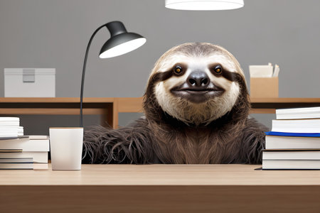 Sloth working at a desk, laptop and documents in front of him. Slow work process, office life, modern technology concept created with generative AI.の素材