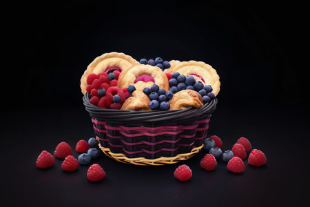 Yummy-looking pastries with vibrant blueberries and raspberries against dark background. Temptation, freshness, harmony concept created with generative AI.の素材