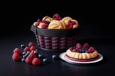 Luscious-looking pastries with bright blueberries and raspberries against dark background. Sweetness, vibrancy, contrast concept created with generative AI.の素材