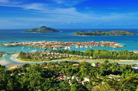 Aerial view on the coastline of the Seychelles Islands and luxury Eden Island from Victoria viewpoint, Mahe