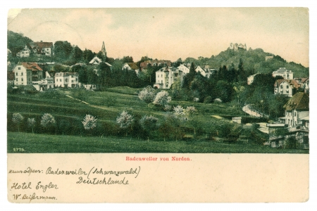 GERMANY - CIRCA 1908: Vintage postcard printed in 1908, Germany. Retro image of Badenweiler von Norden, a famous health resort and spa of the Breisgau-Hochschwarzwald district of Baden-W?rttembergのeditorial素材