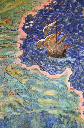 Coastline and ship. Detail of one from a series of 40 intricate geographical maps designed by Egnazio Danti in 1580 for the Vatican Palace. The maps were ordered Pope Gregory XIII のeditorial素材