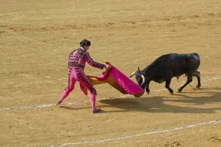 ANDALUSIA,  AUGUST 13: Corrida typical Spanish entertainment - bullfighting. Unidentified torero fights against a bull on 13 August 2006 in Benalmadena (Andalusia, Spain)のeditorial素材