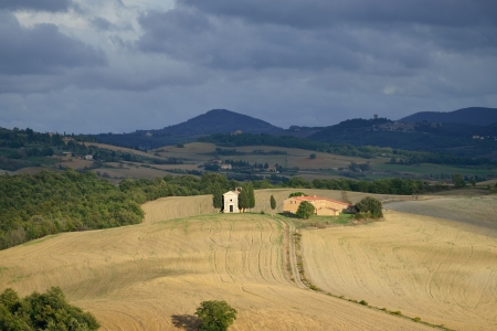 Idyllic Tuscan landscape at sunset near Pienza, Vall dの写真素材