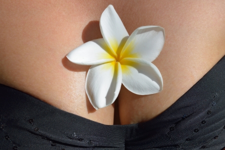 Frangipani flower on the woman breast, concept for tropical vacationの写真素材