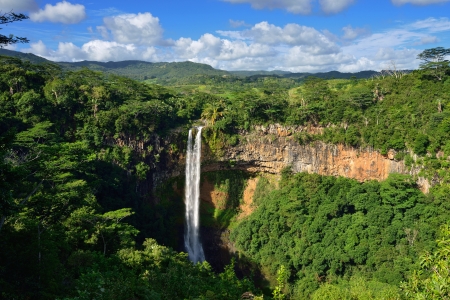 Scenic Chamarel falls in junle of Mauritius islandの写真素材