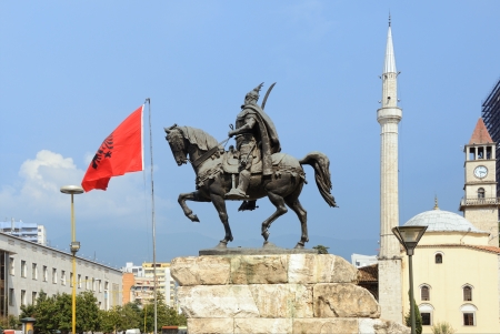 TIRANA  AUG 14  Skanderberg statue shown on 14 August 2009 in Tirana Albania  This 11 m monument was inaugurated in the 1968 on the 500th anniversary of the death of Skanderbeg, created by Odhise Paskaliの写真素材