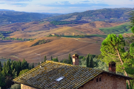 Idyllic Tuscan landscape at sunrise near Pienza, Vall dの写真素材