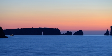 Sunset over Navarino bay, Messinia, Greeceの写真素材
