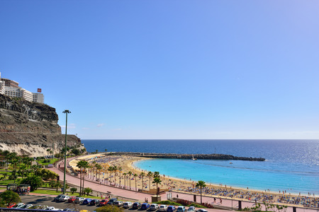 PUERTO RICO, SPAIN - FEB 19, 2014  View on of Puerto Rico resorts, Gran Canaria  It is of main resort of island with public beach, shopping facilities and restaurants The most popular tourist destination all the year のeditorial素材