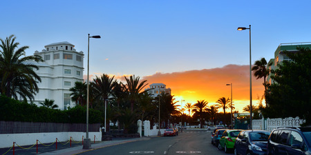 MASPALOMAS - FEB 20, 2014  Scenic view on the sunset in Maspalomas, Gran Canaria  It is famous resort and one of the most popular tourist destination all the yearのeditorial素材