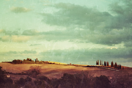 Idyllic rural Tuscan landscape with old farmhouse near Pienza at sunset, Vall dの写真素材
