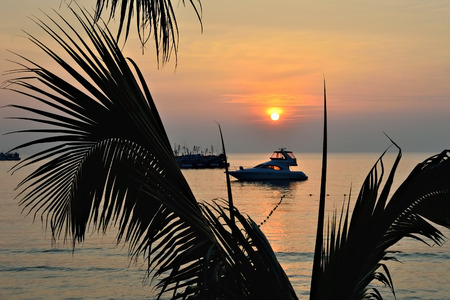 Gold romantic sunset with silhouette of yacht at island Sament, Thailandの写真素材