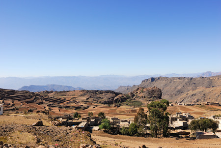 Classical landscape with traditional mountain villages and rural fields in Yemen の写真素材