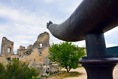 LACOSTE, FRANCE - JUL 07, 2014: Iron hand points on  ruins of the castle Marquis de Sade in Lacoste, France. Lacoste is located in the heart of the Luberon Regional Nature Parkのeditorial素材