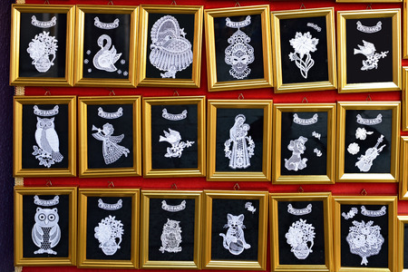BURANO, VENICE - SEP 23, 2014: Very popular souvenir in Burano lace store. Burano Island is the oldest place for lace craftsmanship. The first Burano lace trace back to 1500のeditorial素材