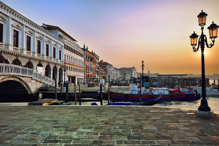 VENICE, ITALY - SEPT 27, 2014: View on San Marco square and  bridge of Sighs at sunrise. Venice and the Venetian lagoon are on the UNESCO World Heritage Listのeditorial素材
