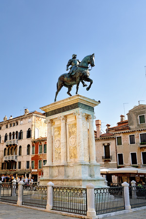 VENIVE - SEP 25, 2014: The equestrian statue (1488) of Bartolomeo Colleoni by Verrocchio in Venice. Campo Santi Giovanni e Paolo a Venezia opposite La Scuola Grande di San Marco.のeditorial素材