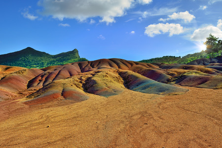 Main sight of Mauritius island. Unusual volcanic formation seven colored earths in Chamarel.の写真素材
