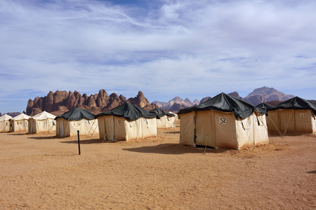 Desert camp in Wadi Rum at sunset time, Jordanのeditorial素材
