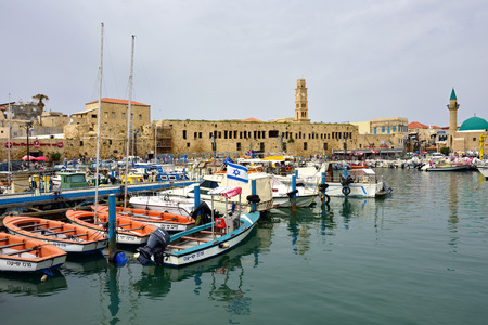 AKKO, ISRAEL - MARCH 28, 2015: View at marina and old town of Akko at twilight time. Akko (Acre), one of the major tourist attraction of northern Israelのeditorial素材