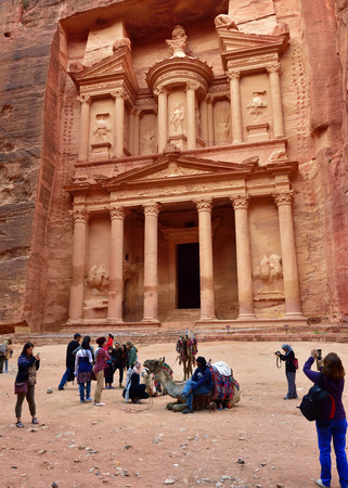 PETRA JORDAN APR January 2015: Tourists visit the Petra UNESCO world heritage site and one of The New 7 Wonders of the World.のeditorial素材