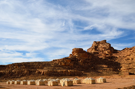 Desert camp in Wadi Rum at sunset time, Jordanの写真素材