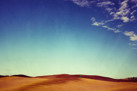 Idyllic Tuscany rural landscape near Pienza Italy Europe. Plowed field on the Crete Senesi hills. Altered image. Vintage effect appliedの写真素材