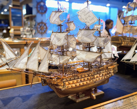 MAURITIUS - MAY 2, 2013: H.M.S. Victory sailfish as ship model in factory shop. Wooden replica of...