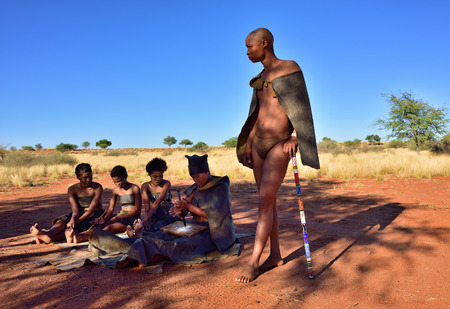 KALAHARI, NAMIBIA - JAN 24, 2016: Bushmen tribe village. The San people, also known as Bushmen are members of various indigenous hunter-gatherer peoples of Southern Africaのeditorial素材