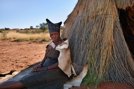 KALAHARI NAMIBIA - JAN 24, 2016: Portrait of very old Bushmen woman. The San people, also known as...