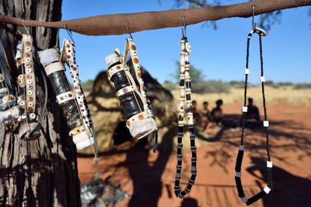 Handmade bijouterie in bushmens village. The San people, also known as Bushmen are members of...