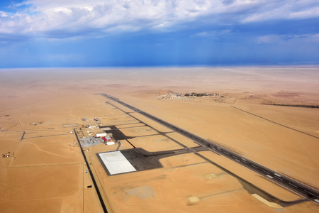 Aerial view on the runway of a small airfield in the Namib Desert in Swakopmund area, Namibia, Africaの写真素材