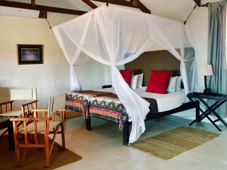 BAGATELLE, NAMIBIA - JAN 23, 2016: Accommodation unit interior at Bagatelle Kalahari Game Ranch. The lodge lies on the edge of the Southern Kalahari in the mixed tree and shrub Savanna.のeditorial素材
