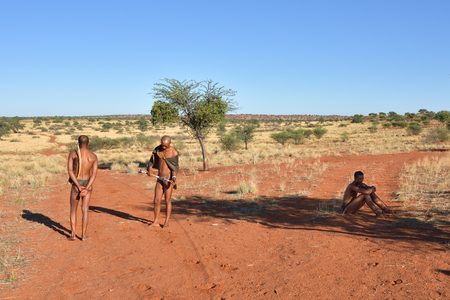 KALAHARI, NAMIBIA - JAN 24, 2016: Bushmen hunters in the Kalahari desert. San people, also known as Bushmen are members of variousのeditorial素材