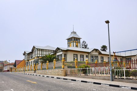 SWAKOPMUND, NAMIBIA - JAN 31, 2016: Typical german fachwerk architecture in Swakopmund. City was founded in 1892 as the main harbour of German South West Africa.のeditorial素材