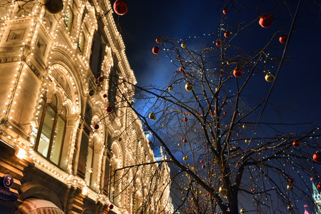 MOSCOW, RUSSIA - JAN 05, 2016: Moscow winter street scene and christmas decoration. Historical...