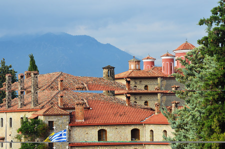 Meteora monasteries. Roof of the Holy Monastery of Saint Stephen placed on the edge of high rock at...