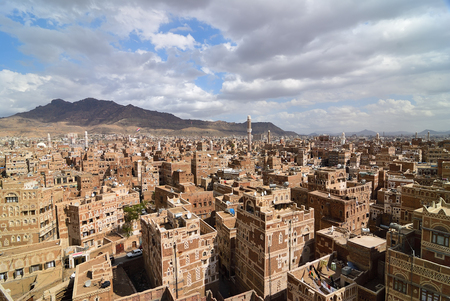 Traditional architecture n Sanaa, Yemen. Inhabited for more than 2.500 years at an altitude of 2.200 m, the Old City of Sanaa is a UNESCO World Heritage Cityの写真素材