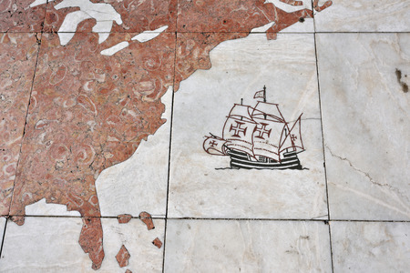 Lisbon, Portugal - June 11, 2017: Detail of the monument to the Discoveries (Padrao dos Descobrimentos) at the Tagus river. The discovery of Americaのeditorial素材