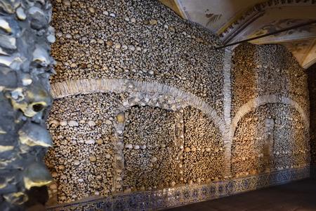 Chapel of the Bones (Capela dos Ossos) with human bones and skulls in the wall, is one of the best known monuments in Evora, Alentejo, Portugalのeditorial素材