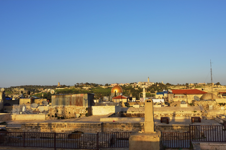 View of Al-Aqsa Mosque and the Mount of Olives, Jerusalem Old City from the Temple Mounts at Sunset, Dome of the Rock and Al Aqsa Mosque in Jerusalem, Israelの写真素材