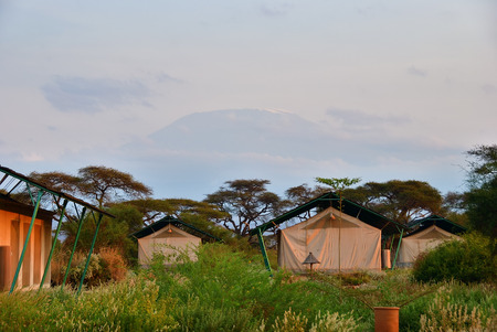 Amboseli, Kenya - Aug 23, 2010: Accommodation units in Sentrim Amboseli Tented Camp Luxury Lodge, one from the most popular place to stay during safari. Kilimanjaro mountain on backgroundのeditorial素材